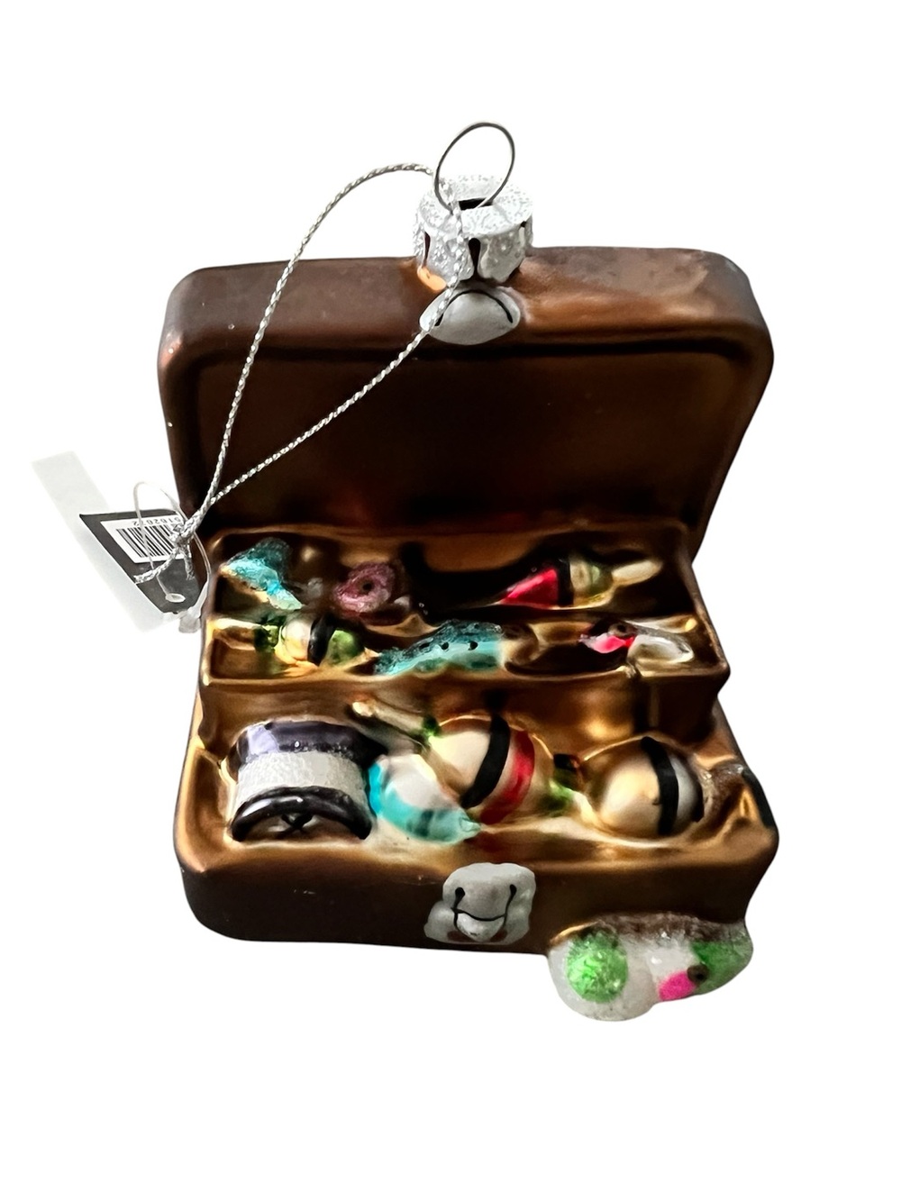 Fisherman Brown Tackle Box Glass Ornament with Lures